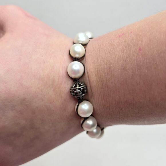 Silpada Vintage Sterling Silver & Genuine Large Pearls Brown Corded Bracelet - Picture 4 of 9